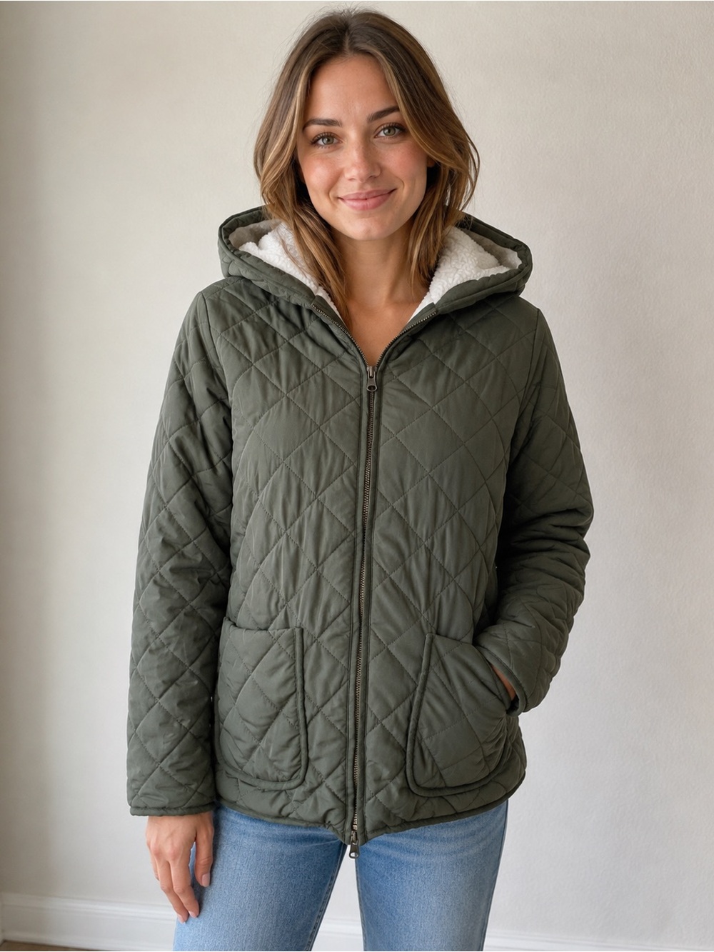 Old Navy Olive Quilted Hooded Puffer Jacket